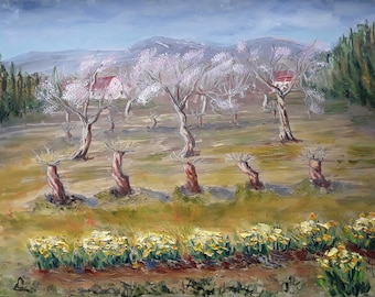 Spring Landscape Olive Tree Painting Flowers Artwork Original Oil Art Mountain Painting 12,5x16 by annimonartstudio