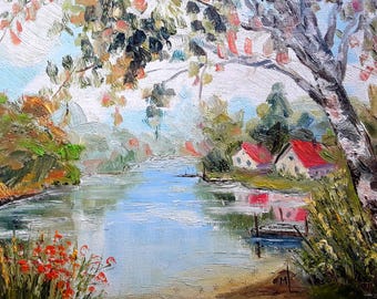 Lakeside Landscape Oil Painting on Stretched Canvas 8x10in Original Artwork by annimonartstudio