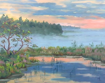 Misty River Painting Sunrise Artwork Original Painting Rural Landscape 9.5 by 9.5 by annimonartstudio