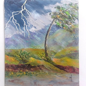Original Storm Oil Painting: Mountain Landscape Tree Art (12x10 in)