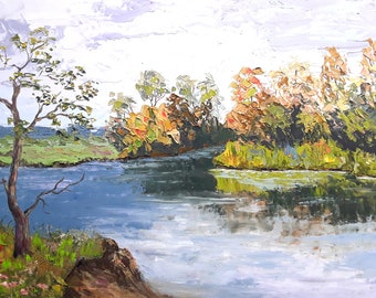 River Painting Trees Artwork Original Art Rural Landscape Lake Artwork 11.5 by 15.5" by annimonartstudio