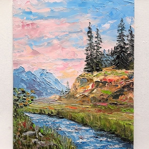 Grand Teton Painting Mountain River Art Sunset Landscape Original River Art National Park Art 10x14 in by annimonartstudio