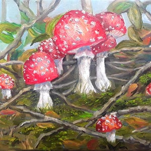 Fly Agaric Oil Painting Red Mushroom Forest Landscape Art (10x12 in)