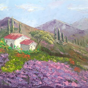 Tuscany Landscape Lavender Artwork Original Art Mountain Painting 7 x 10" by annimonartstudio