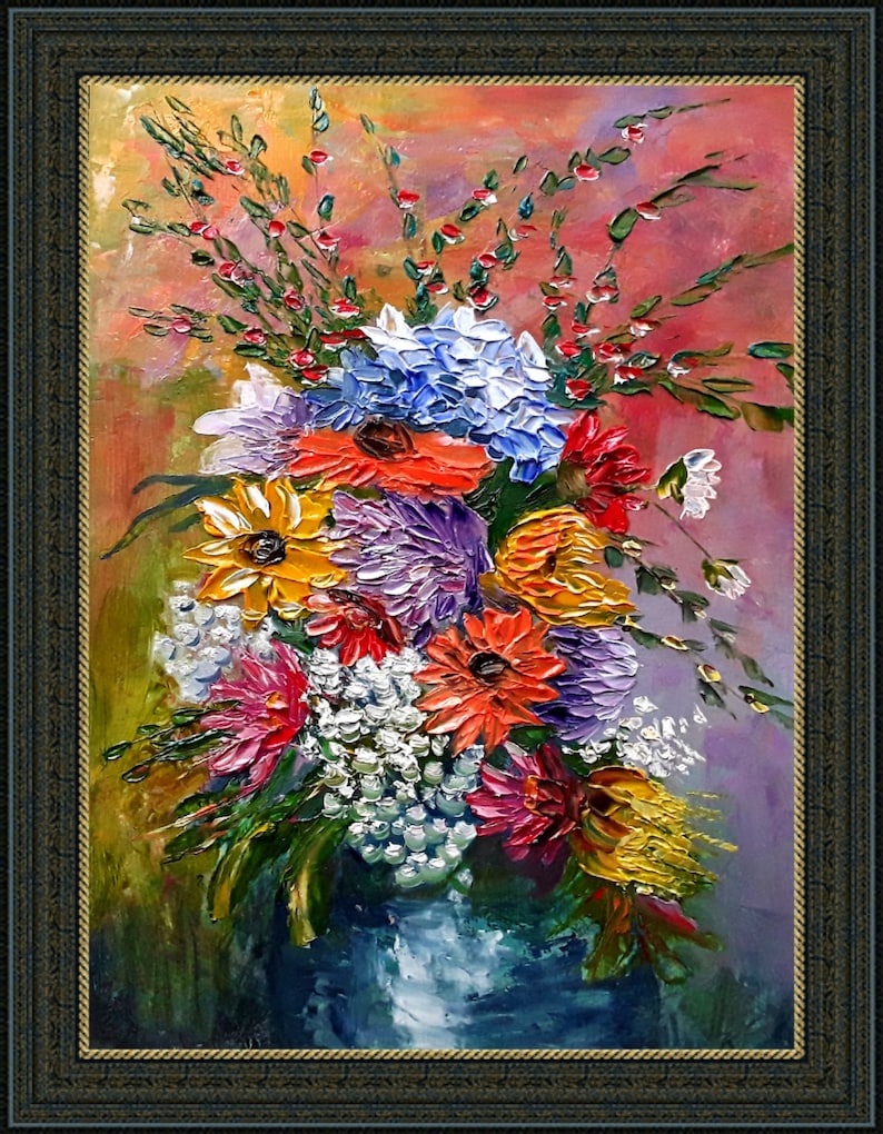 Flowers Painting Fantasy Flowers Art Original Art Impasto Painting Small Artwork 7 by 9.5 by annimonartstudio