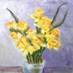 Daffodils Oil Painting: Spring Floral Still Life, 8x8in Original Art