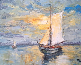 夕日のボートの油絵（キャンバス）、黄金の海景の壁掛けアート、帆船の