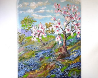 Spring Landscape Cherry Trees Artwork Blooming Tree Art Apple Blossoms Art Original Oil Painting 8x10in by annimonartstudio