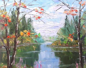 Original Oil Painting on Canvas Board | 8x8in | Autumn Landscape with River | Textured Impressionist Art by annimonartstudio