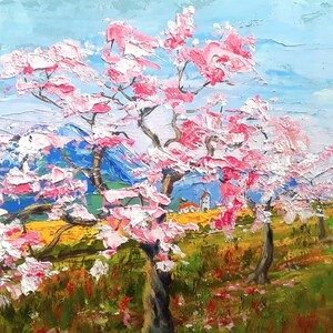 Original Cherry Blossom Oil Painting: Spring Landscape Art (8x18in)