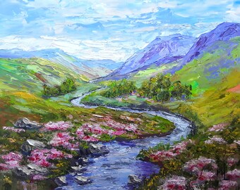 Colorado Landscape River Painting Mountain Artwork Original Oil Art Flowers Painting 12x14in by annimonartstudio