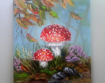 Fly Agaric Mushroom Painting: Original Forest Oil Art (8x10in)