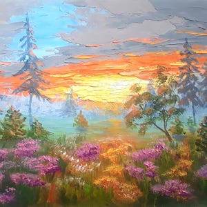 Impasto Sunset Forest Painting: Original Oil Landscape Art 8x10in