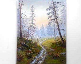 Vermont Forest Oil Painting: Foggy Landscape Art (12x16in)