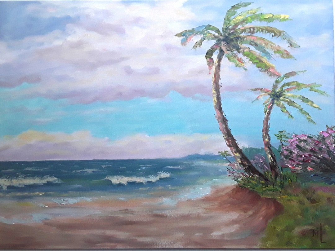 Hawaiian Palm Tree Oil Painting: Beach Coast Original Art (16x16") - Etsy