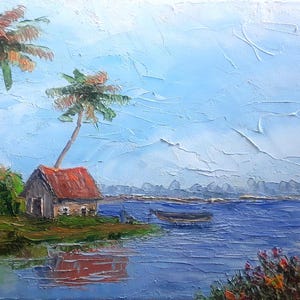Tropical Landscape Palm Trees Painting Small Cottage Artwork Lake Landscape 8x10 in  by annimonartstudio