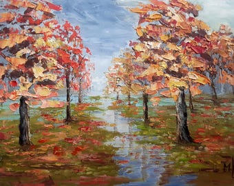 Autumn Landscape Oil Painting: Fall Colors Rainy Day Art 8x10in
