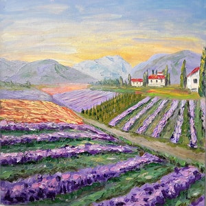 Tuscany Lavender Field Painting: Original Summer Landscape Art (12x12)