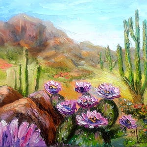 Desert Landscape Oil Painting: Cactus Flowers, Arizona Artwork 8x8in