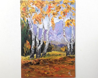 Birch Trees Artwork Original Art Mountains Painting Fall Landscape 7 x 10" by annimonartstudio