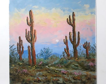 Desert Landscape Arizona Painting Original Oil Art Cactus Artwork Sunset Landscape 8x10in by annimonartstudio