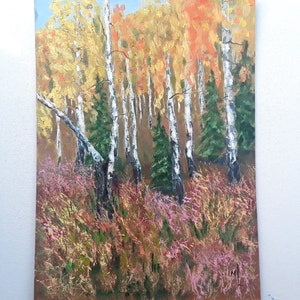Wisconsin Birch Art Birch Trees Artwork Original Art Fall Landscape 14 x 10" by annimonartstudio