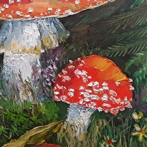May include: A close-up of red and white mushrooms with white spots growing in a forest setting. The mushrooms are surrounded by green foliage and purple flowers.