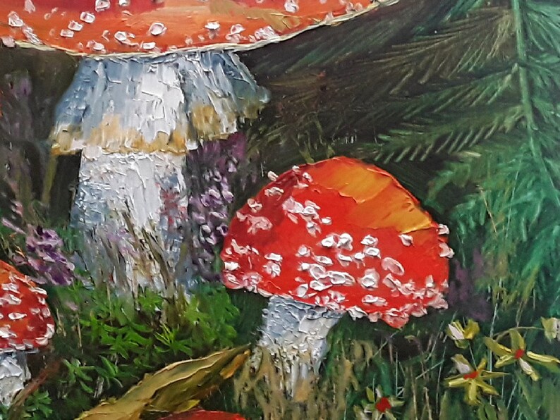 May include: A close-up of red and white mushrooms with white spots growing in a forest setting. The mushrooms are surrounded by green foliage and purple flowers.