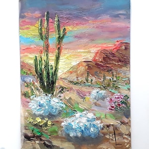 Arizona Desert Painting Saguaro Cactus Original Oil Artwork (6x8in)