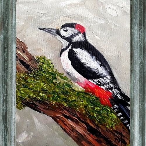 Woodpecker Painting Original Bird Art Wild Bird Artwork Mini Painting 6 by 8