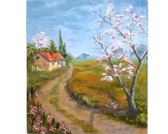 Spring Landscape Shery Tree Artwork Original Painting Mountain Painting Original Wall Art11,5 by 12,5 by annimonartstudio