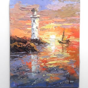 Original Lighthouse Oil Painting Coastal Seascape Art (5x6in)
