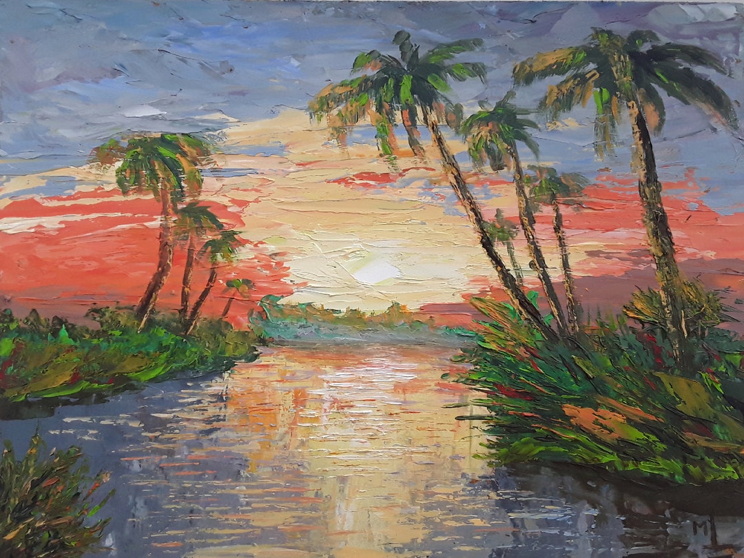 Palm Trees Painting Sunset Landscape Original Oil Art Tropical Artwork ...