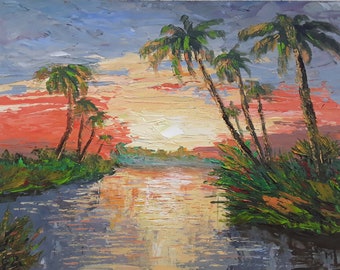 Palm Trees Painting Sunset Landscape Original Oil Art Tropical Artwork Seascape Painting 10x10 by