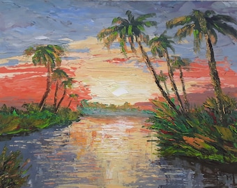 Palm Trees Painting Sunset Landscape Original Oil Art Tropical Artwork Seascape Painting 10x10 by