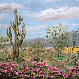 Saguaro Cactus Oil Painting: Arizona Desert Landscape Art (10x12in)