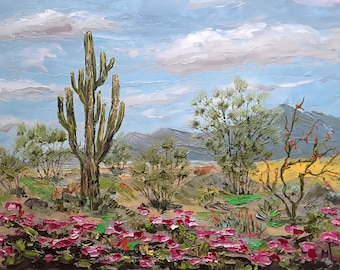 Saguaro Cactus Oil Painting: Arizona Desert Landscape Art (10x12in)
