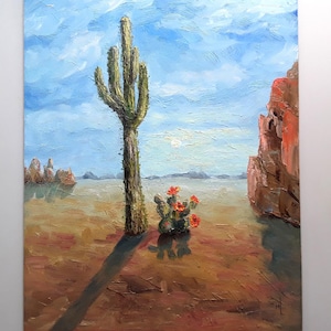 Desert Landscape Cactus Painting Arizona Artwork Original Oil Art Southwestern Artwork 14.5x18in by annimonartstudio