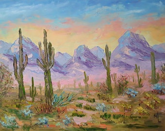 Original Arizona Desert Cactus Oil Painting: Mountain Landscape Art (12x14)