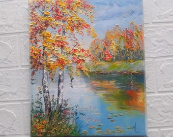 Vermont Birches Oil Painting Impressionistic River Landscape Art (10x12in)