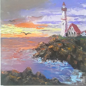Lighthouse Painting Coastal Seascape Art Original Oil Art Nautical Landscape Small Painting 8x8in by annimonartstudio