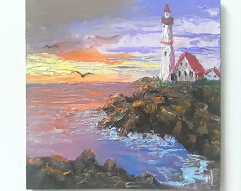 Original Lighthouse Oil Painting: Coastal Seascape Art (8x8in)
