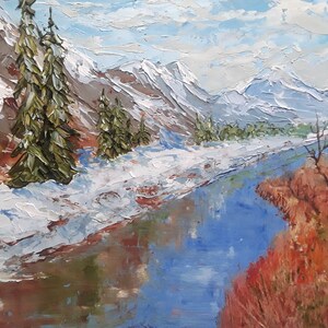 American Landscape River Artwork Original Oil Art Mountains Painting Trees Artwork 8x12in by annimonartstudio