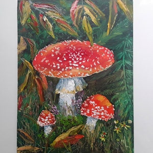 May include: A painting of three red and white mushrooms with white spots in a forest setting. The mushrooms are painted in a realistic style with visible details like the gills and the stem.