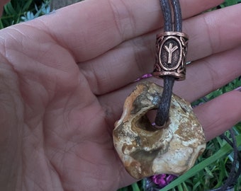 Natural Hagstone Talisman with Algiz Rune bead on waxed Cotton cord