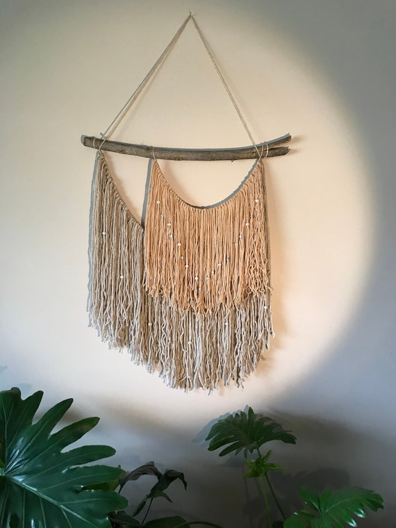 Boho yarn wall art with pearls and etched silver rings Etsy