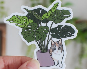 Calico Cat and Monstera Plant Vinyl Sticker