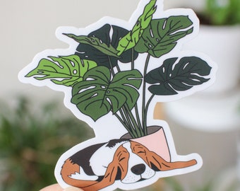 Hound Monstera Vinyl Sticker | Sleepy Hound Sticker | Monstera Sticker | Plant Stickers | Hound Vinyl Sticker