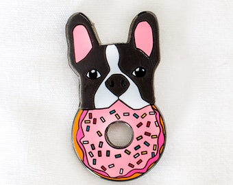 Cute Frenchie with Donut Hard Enamel Pin