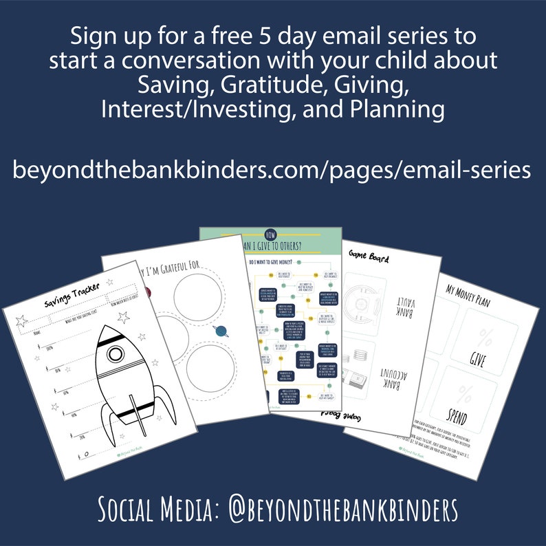 May include: A promotional image with text about a free 5-day email series on financial literacy for children. The image features several printable worksheets with titles like "Savings Tracker" and "My Money Plan". The website address and social media handle are also displayed.